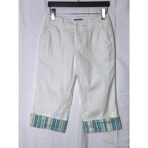 Dockers Women White Nouveau Fit Capri Pants Striped Cuff Ramie Cotton Size 4
